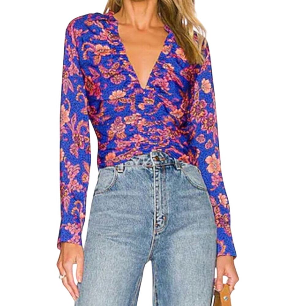 Free People Blue and Pink Floral Wrap V-Neck Blouse